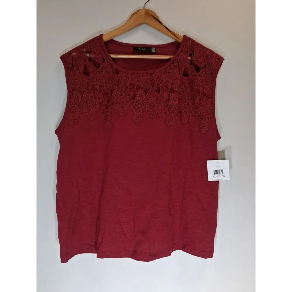 womens xl Rafaella wine burgundy cotton top lace stretch blouse